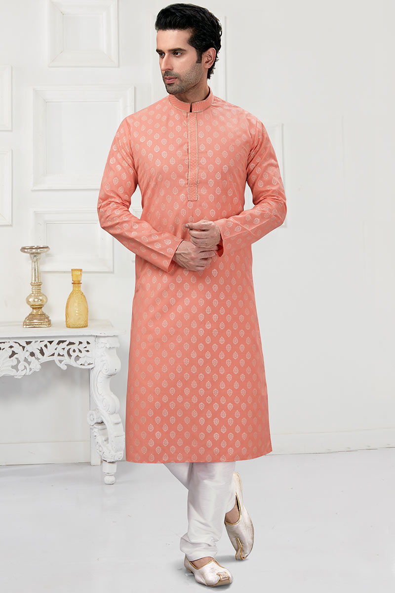 Salmon Peach Cotton Straight Cut Printed Men Kurta Churidar