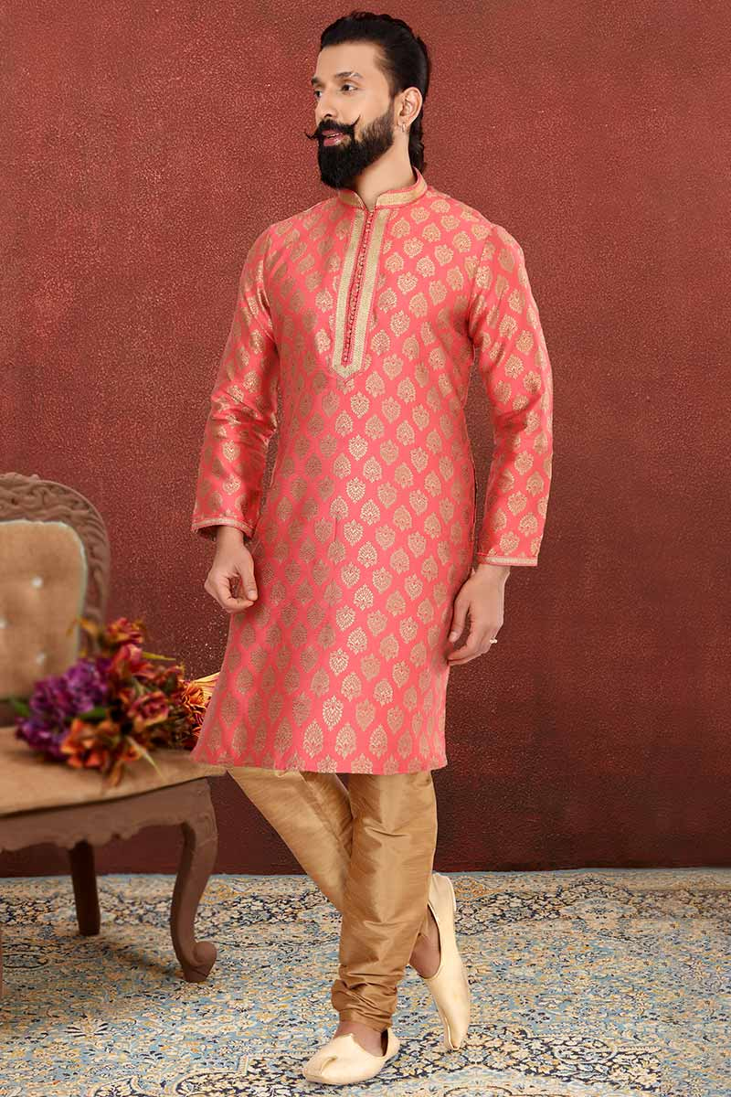 Salmon Peach Jacquard Straight Cut Woven Zari Men Kurta Churidar