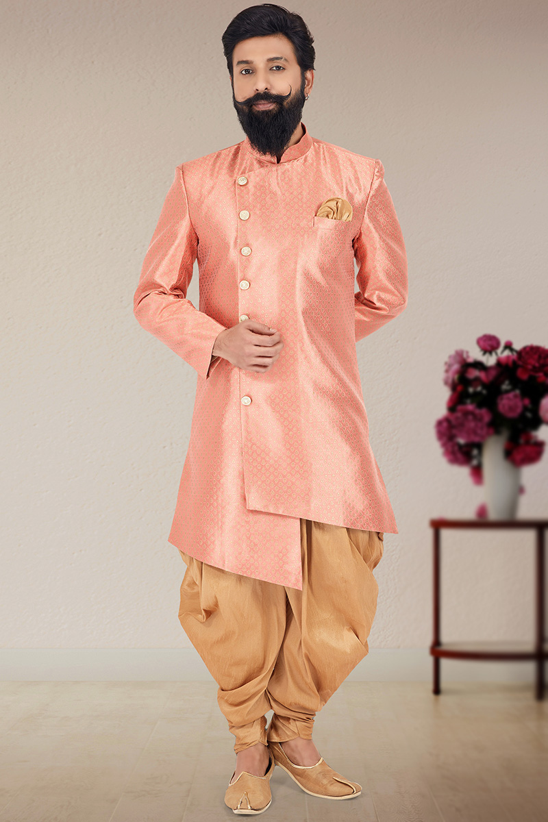 Salmon Peach Jacquard Woven Zari Men Sherwani