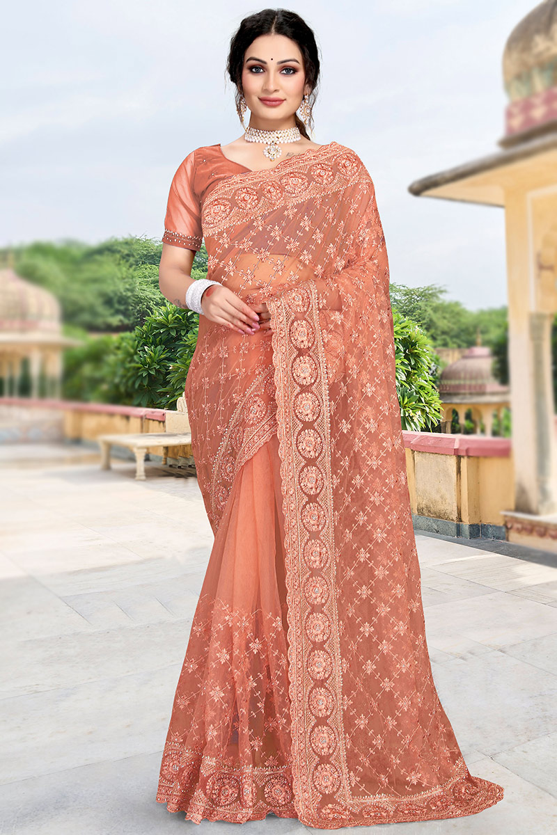 Party Wear Zari Embroidered Saree in Net Salmon Peach
