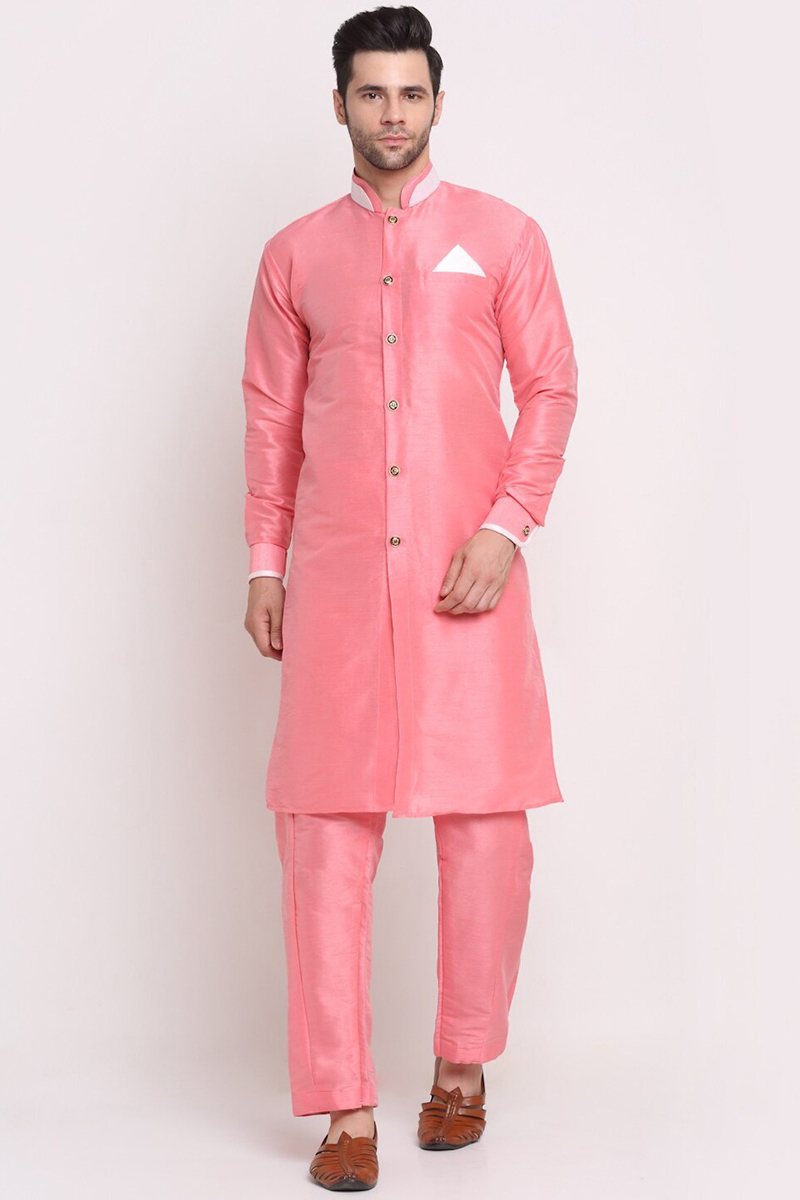 Salmon Pink Dupion Silk Men's Kurta Pajama