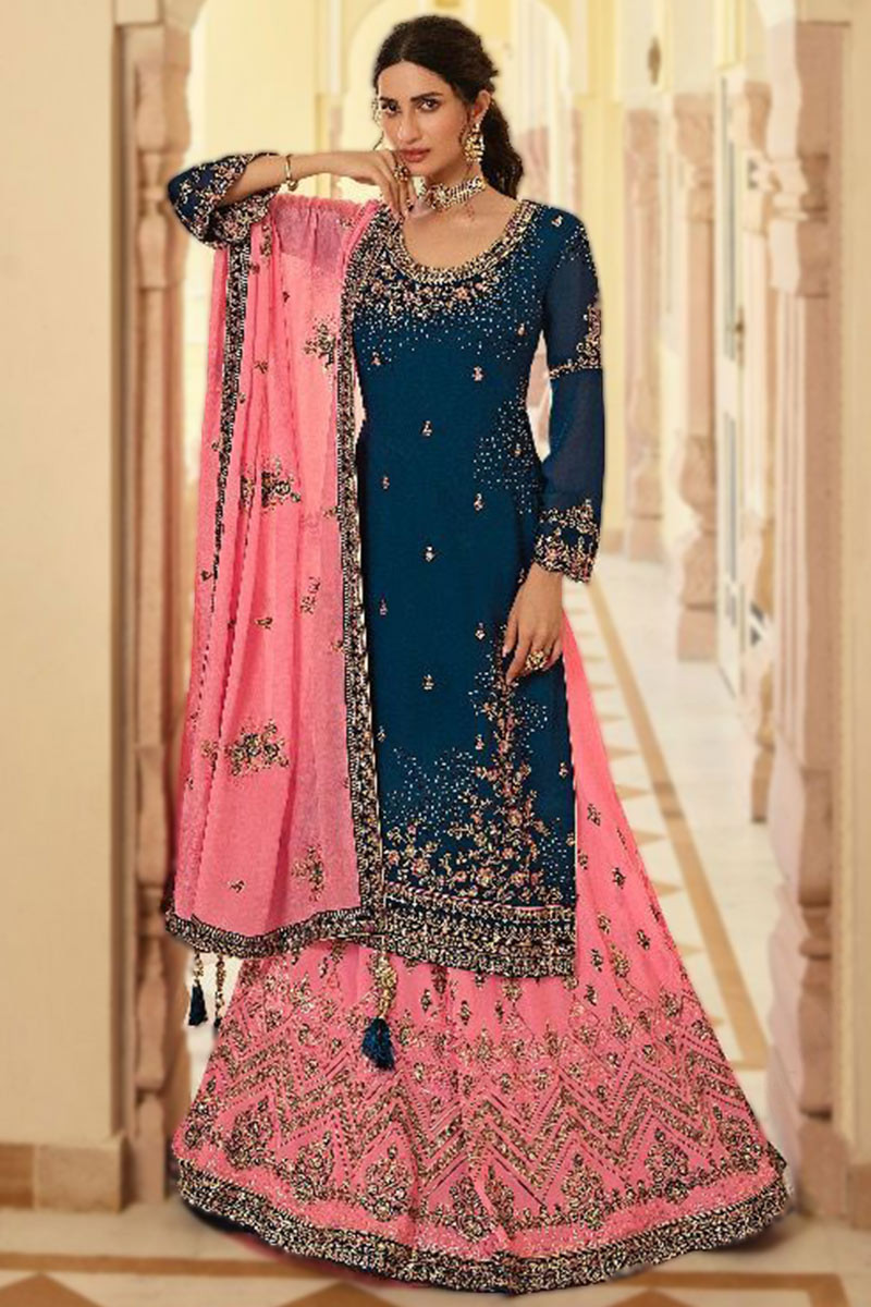 LIGHT BLUE PURE GEORGETTE HANDWORK WEDDING-WEAR READYMADE BRIDAL LEHENGA  CHOLI @Indian Couture