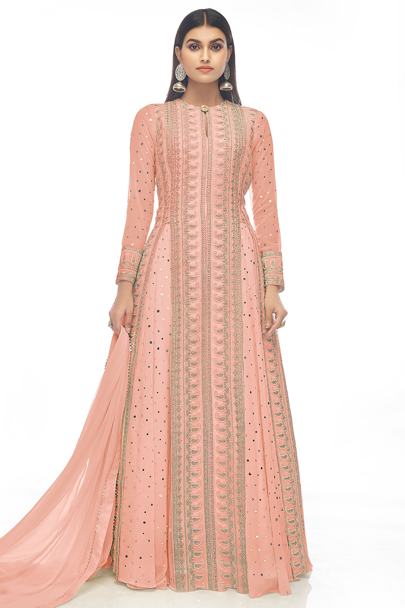 Salmon Pink Georgette Faux Mirror Embroidered Lehenga 