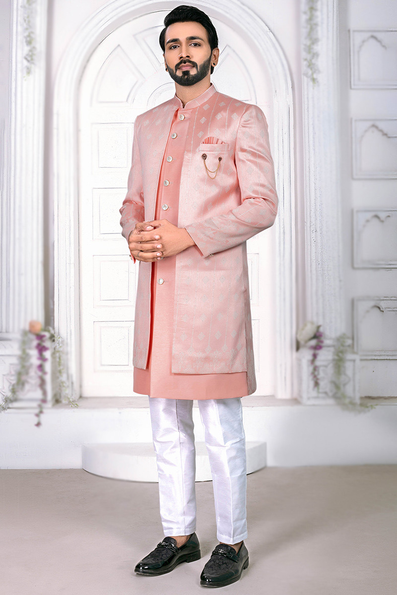 Salmon Pink Jacquard Weaved Men s Jacket Style Sherwani
