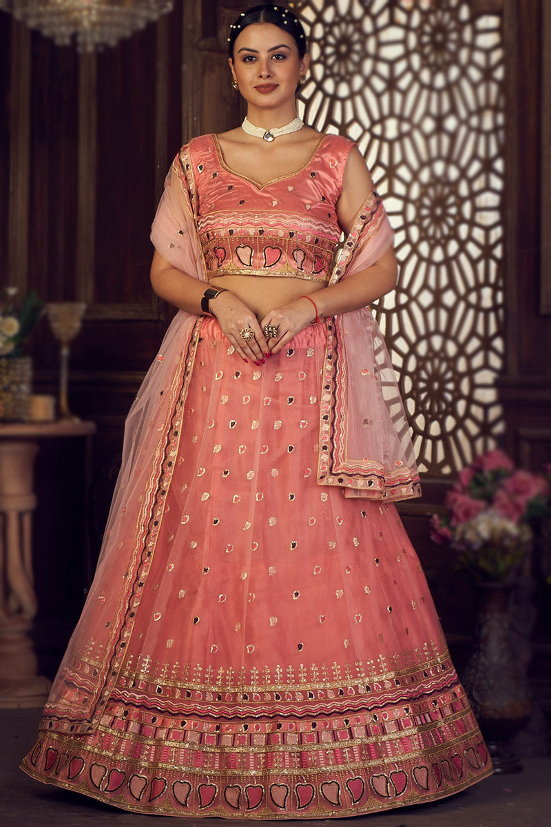 Salmon Pink Net Zari Embroidered Panelled Lehenga