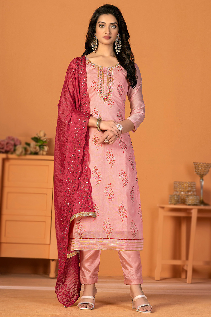Salmon Pink Printed Chiffon Straight Cut Trouser Suit LSTV125188