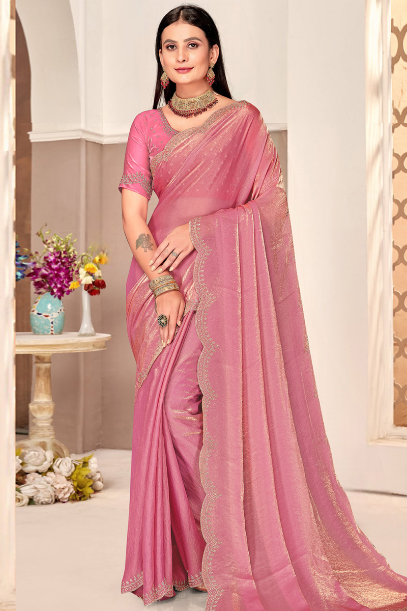 Salmon Pink Satin Silk Stone Embellished Saree For Festival