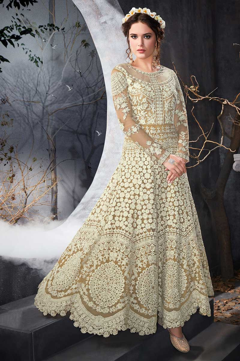 Buy Cream White Net Anarkali Gown With Resham Work Online LSTV0032 Andaaz Fashion