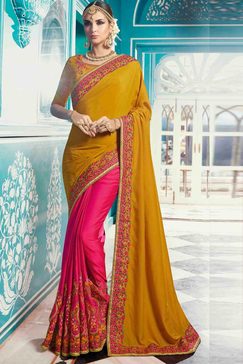 YELLOW WITH PINK - SILK COTTON WITH ALLOVER BUTTA WITH CONTRAST PALLU