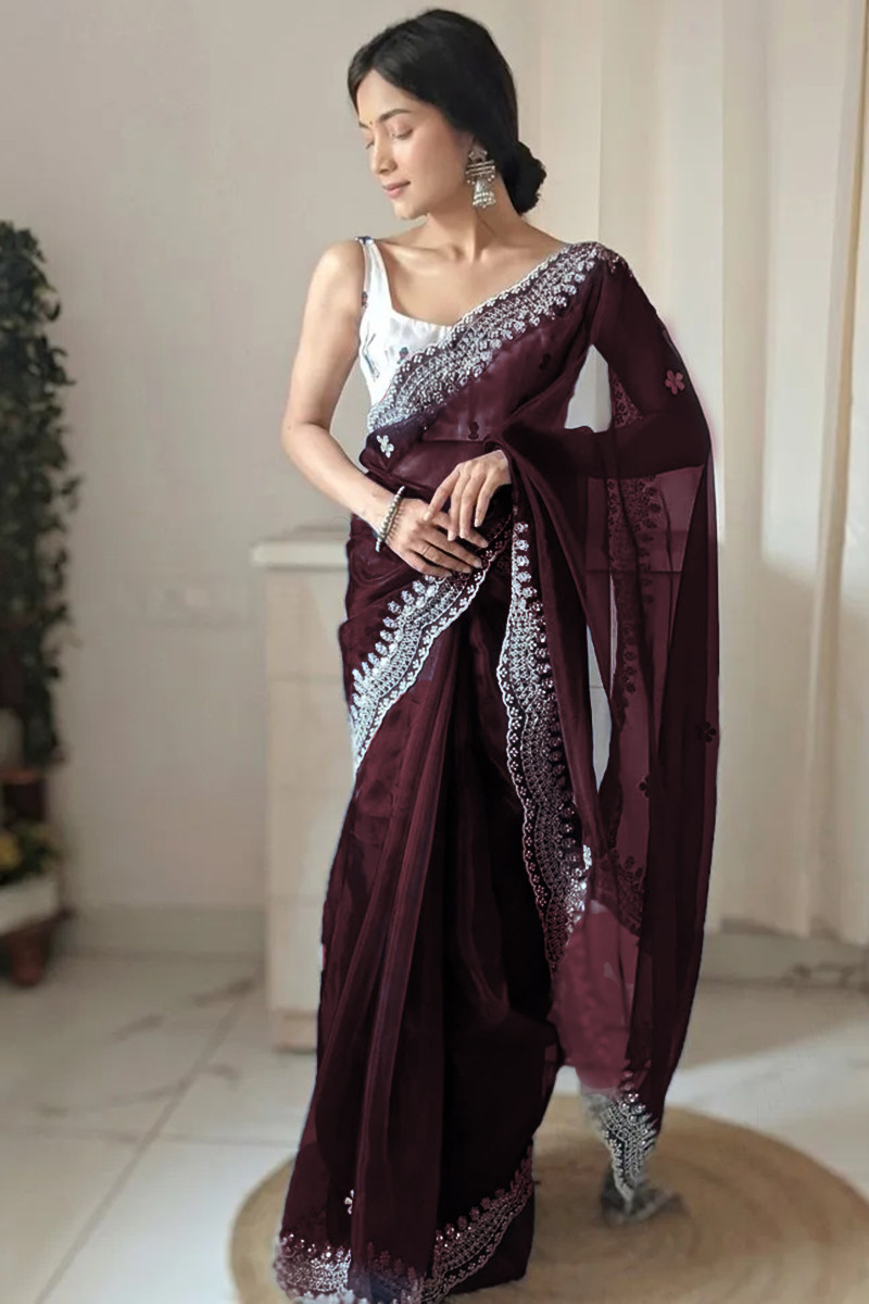Maroon embroidered & ruffle readymade lycra designer catalog saree with  semi-stiched matching embroidered blouse & belt