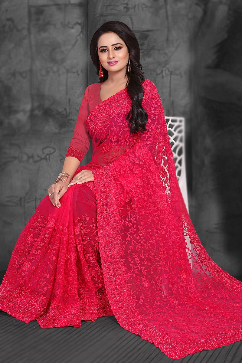 Net Ruby Red Pearl Embroidered Light Weight Saree