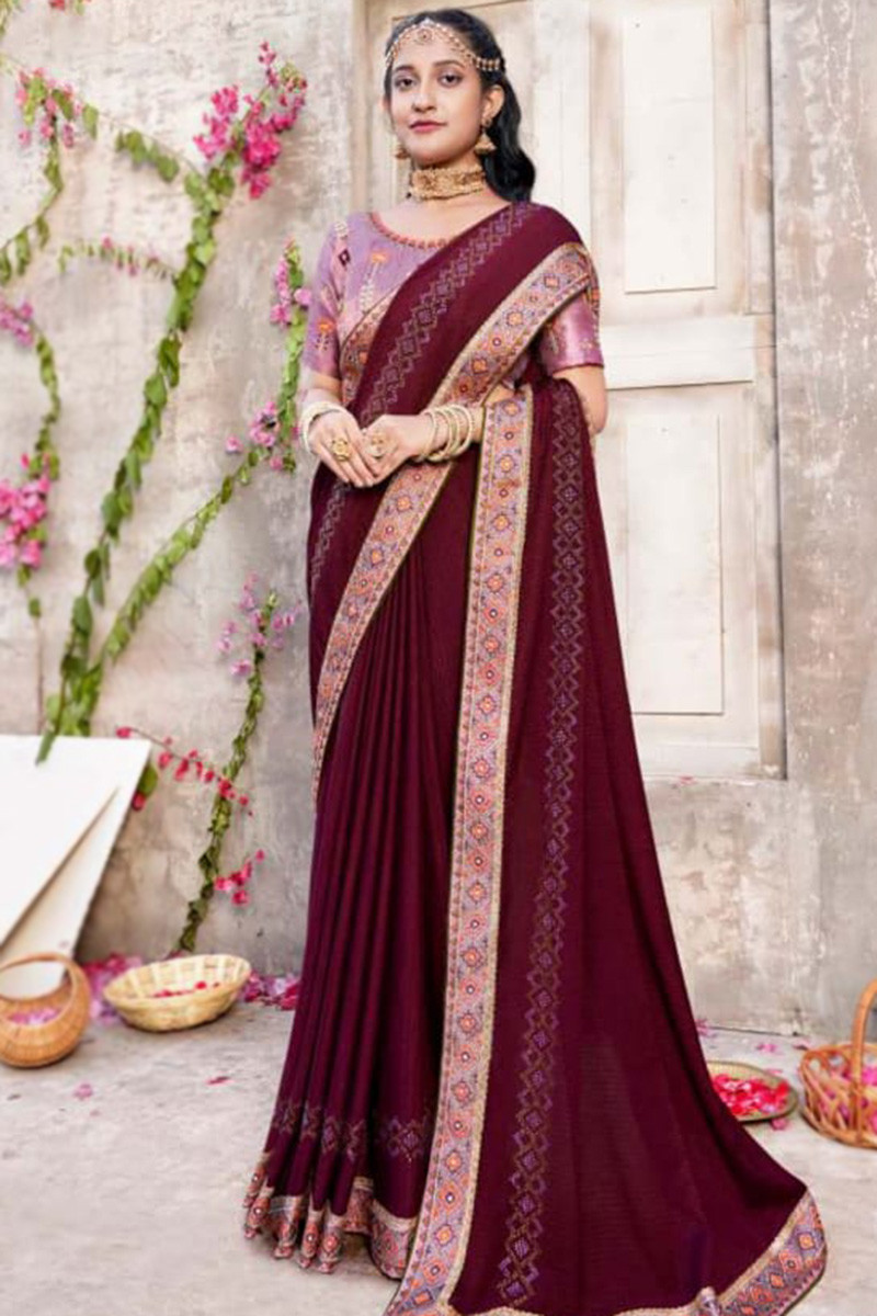 Plain Pattern Bollywood Satin Blend Fabric Saree
