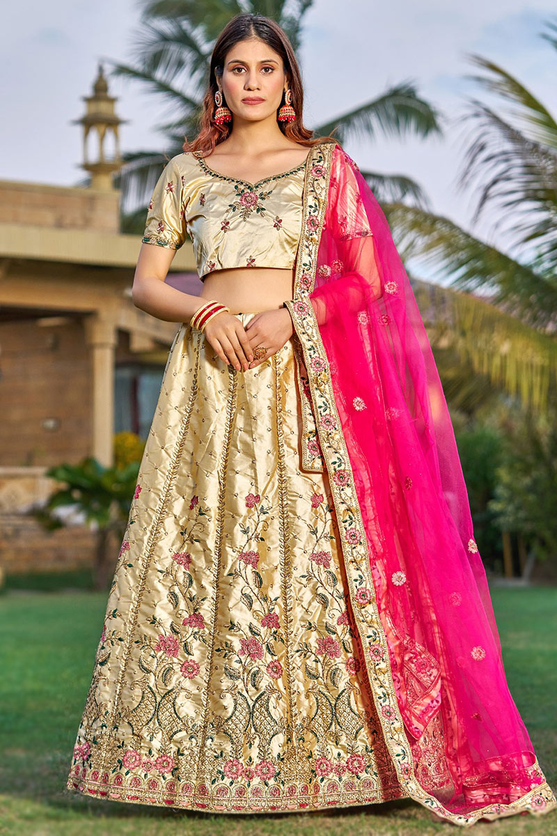 Satin Cream Lehenga With Resham Thread Embroidered