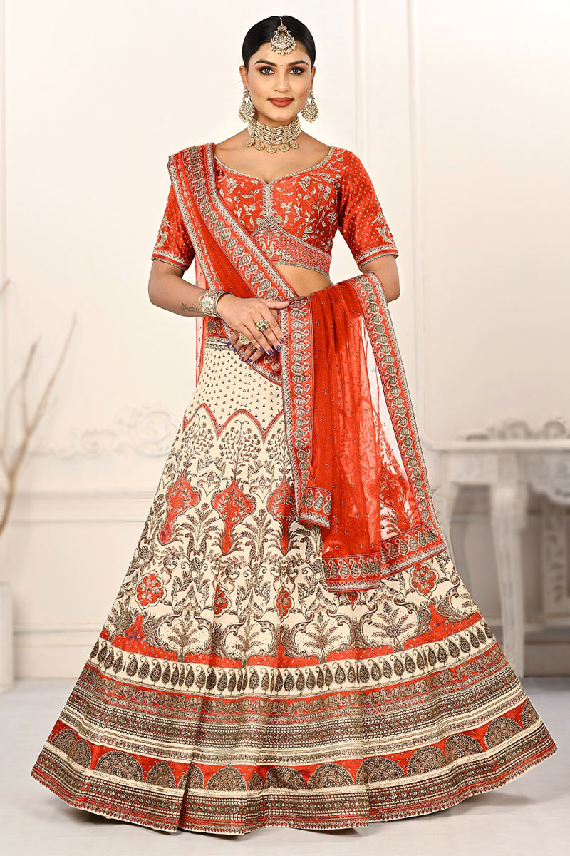 Satin Cream Printed Panelled Style Lehenga