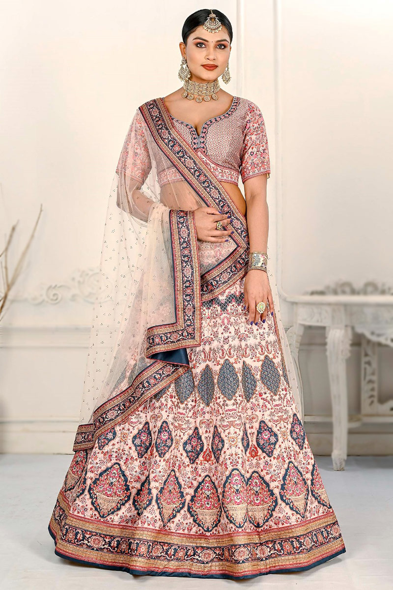 Satin Creamy Pink Printed Panelled Style Lehenga