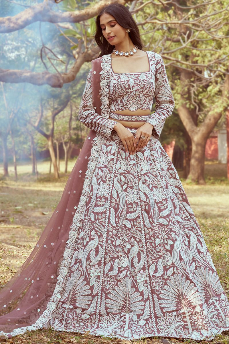 Satin Dusty Mauve Dori Embroidered Panelled Style Lehenga