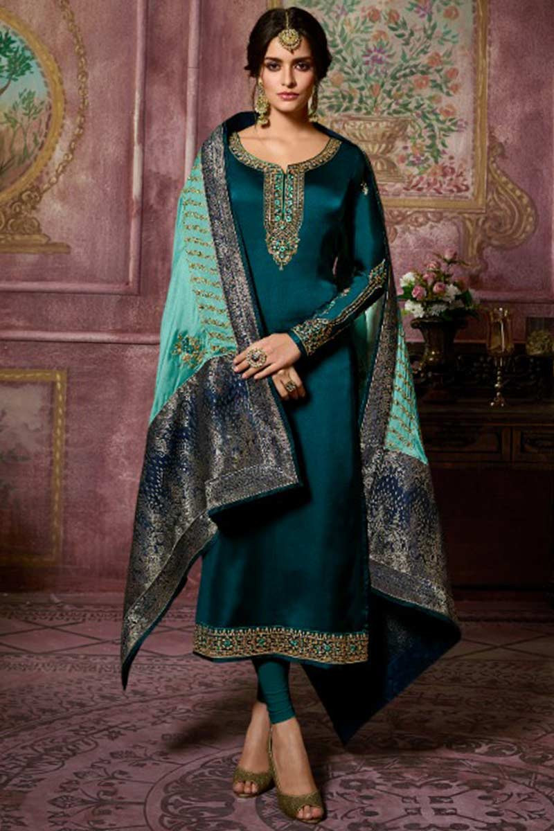 Dazzling Kajal In Peacock Blue Color Printed Sharara Suit