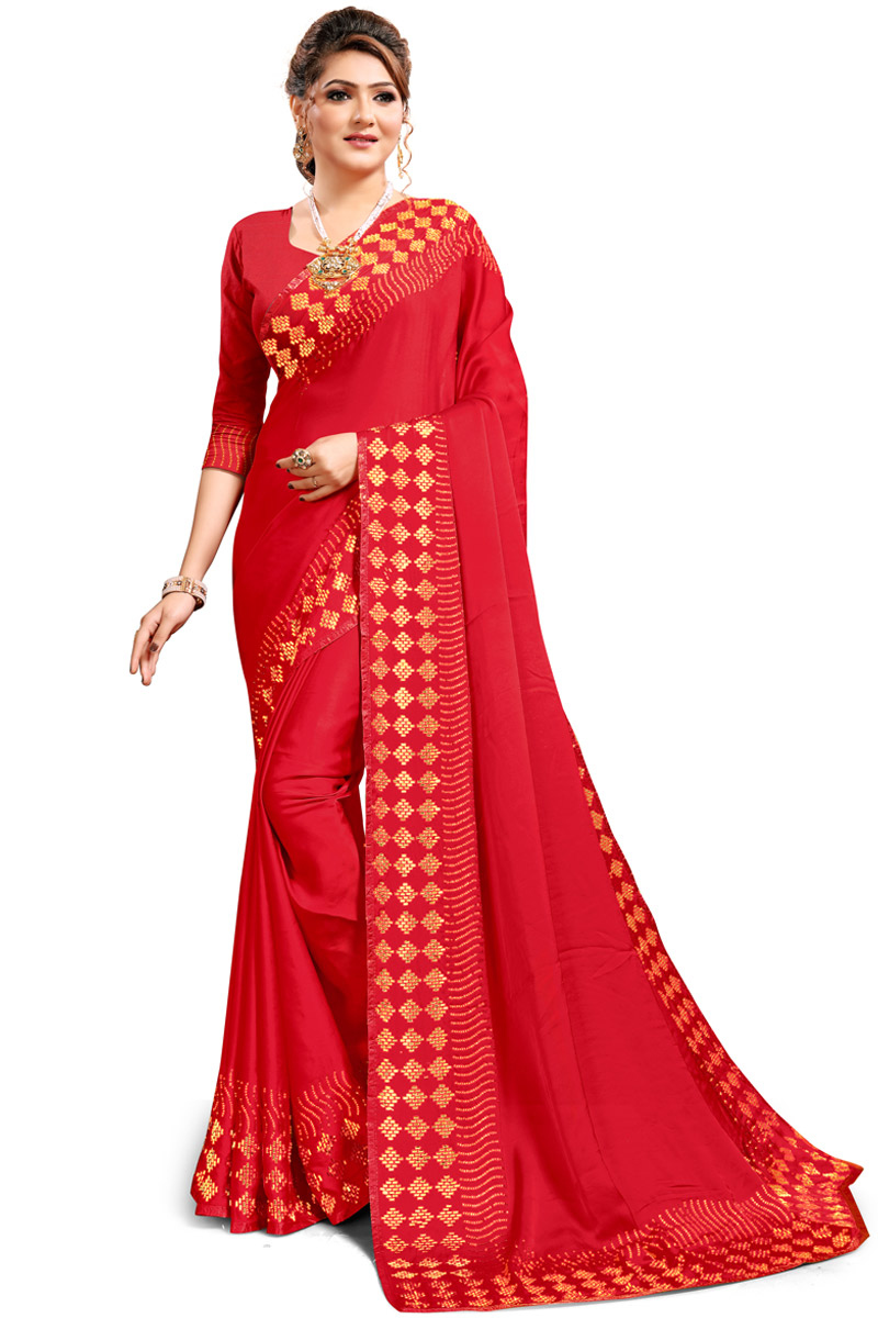Satin Indian Wear Saree In Red Color