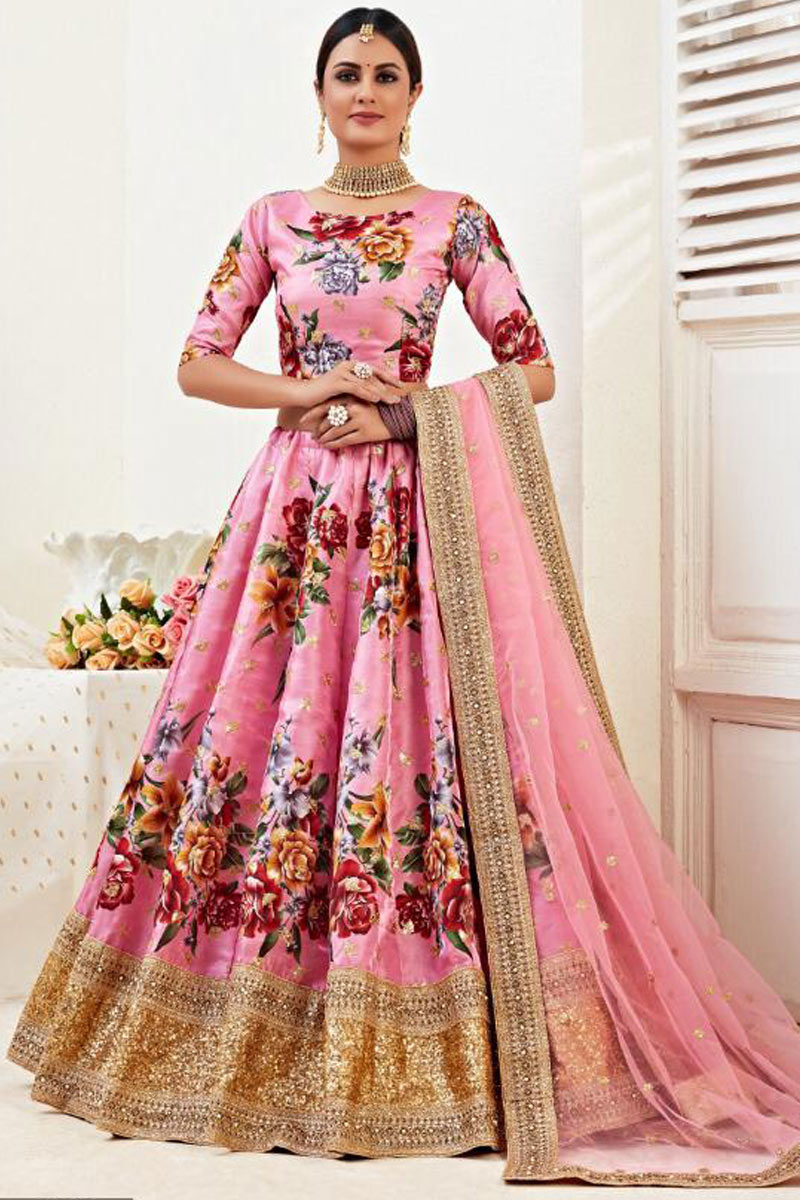 Satin Light Pink Floral Lehenga Choli