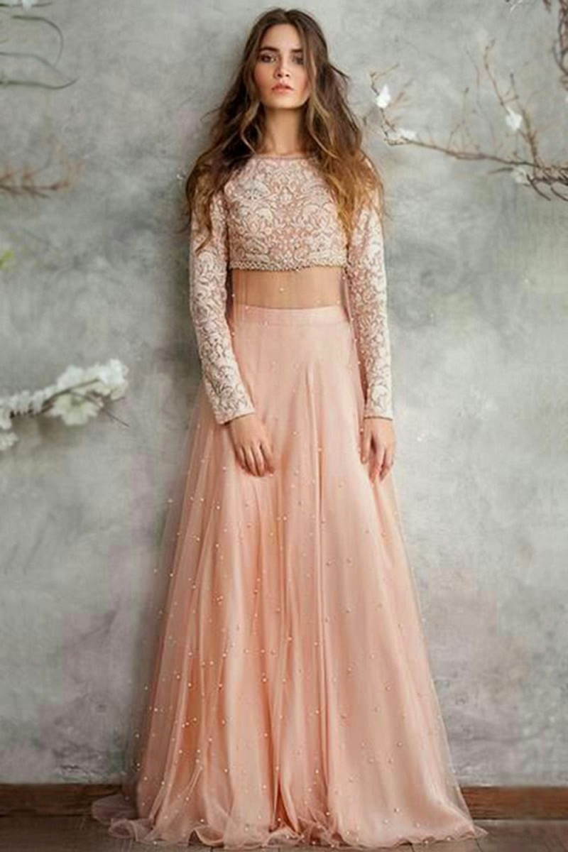 Peach Long Choli Wedding Wear Lehenga in Satin
