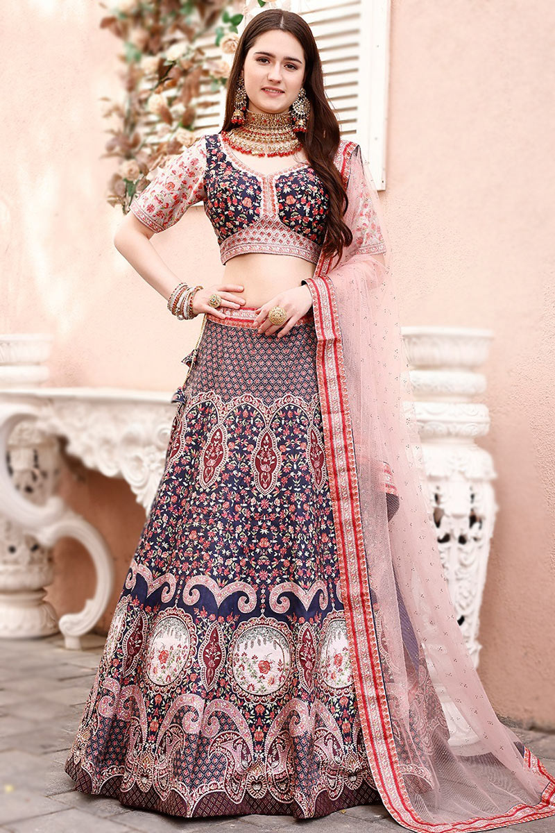 Satin Printed Navy Blue Panelled Style Lehenga