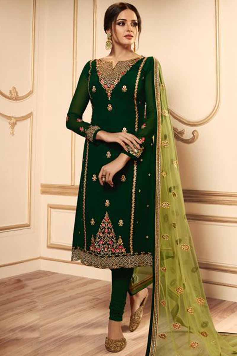 Georgette Dark Green Resham Churidar Suit