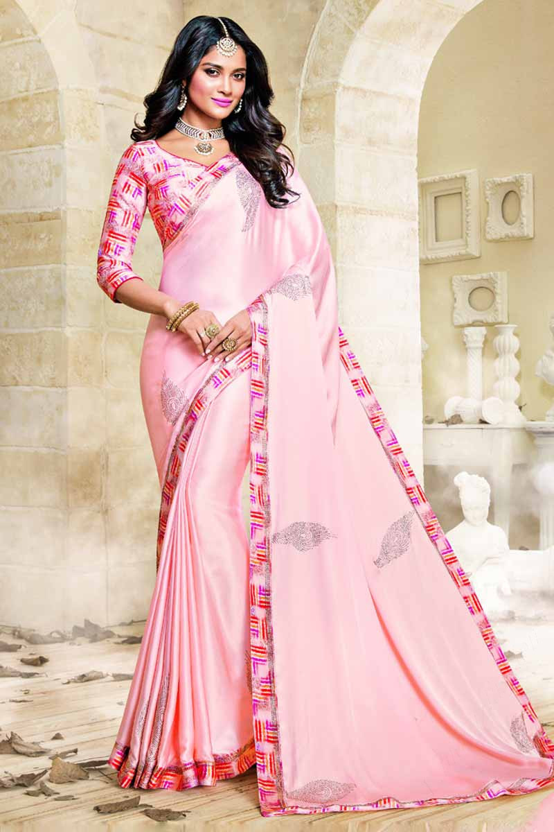 Buy VASUFAB Solid/Plain Bollywood Satin Pink Sarees Online @ Best Price In  India | Flipkart.com