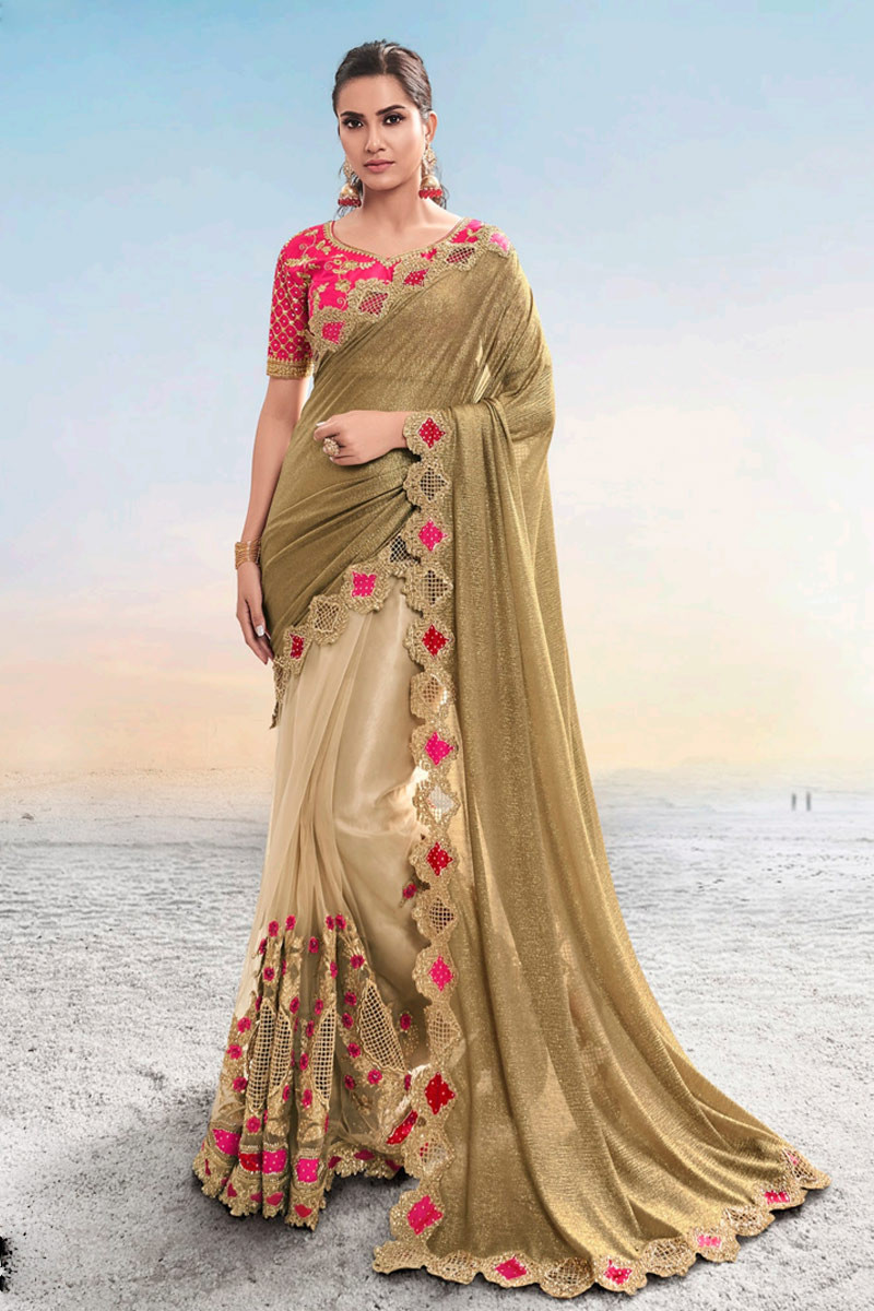 Satin Silk Party Wear Saree In Golden Color