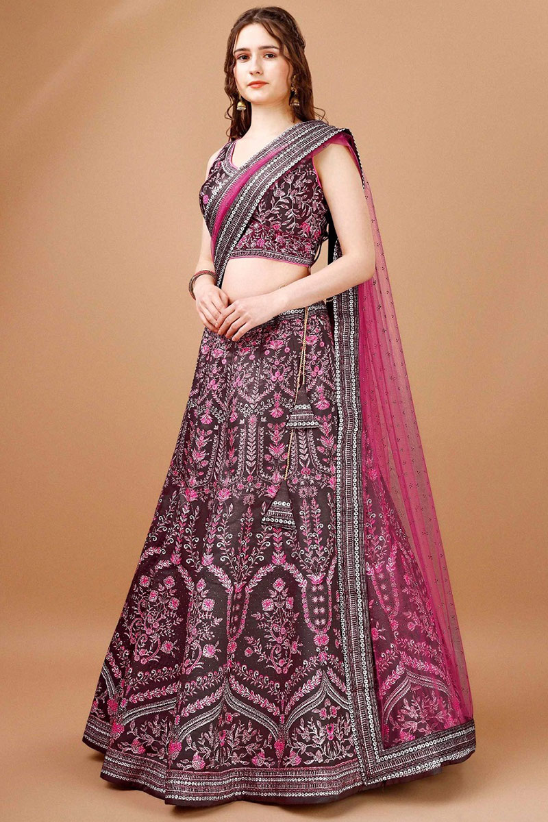 Satin Silk Printed Dark Brown Panelled Style Lehenga