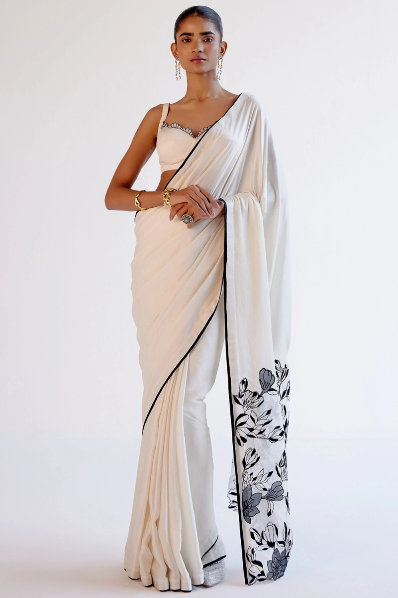 Satin White Saree with Resham Work for Navratri 