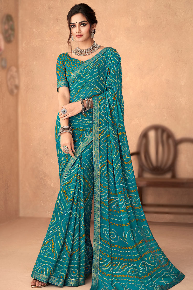 Sea Blue Bandhani Print Casual Wear Saree in Chiffon