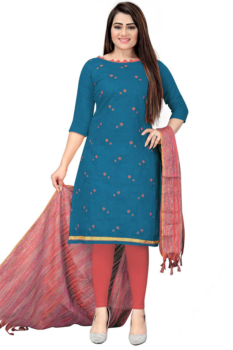 Shop Wide Range Thread Work Embroidered Sea Blue Churidar Suit LSTV113008
