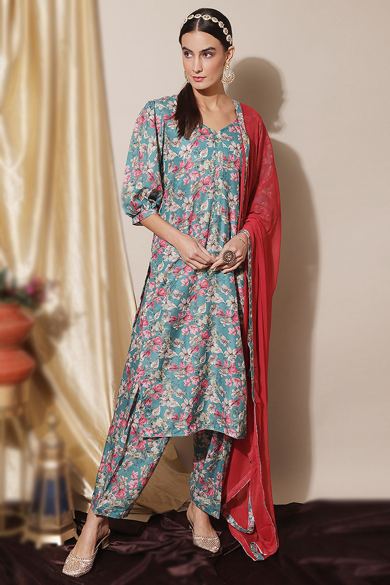 Sea Blue Floral Print Casual Wear Silk Salwar Suit LSTV128088
