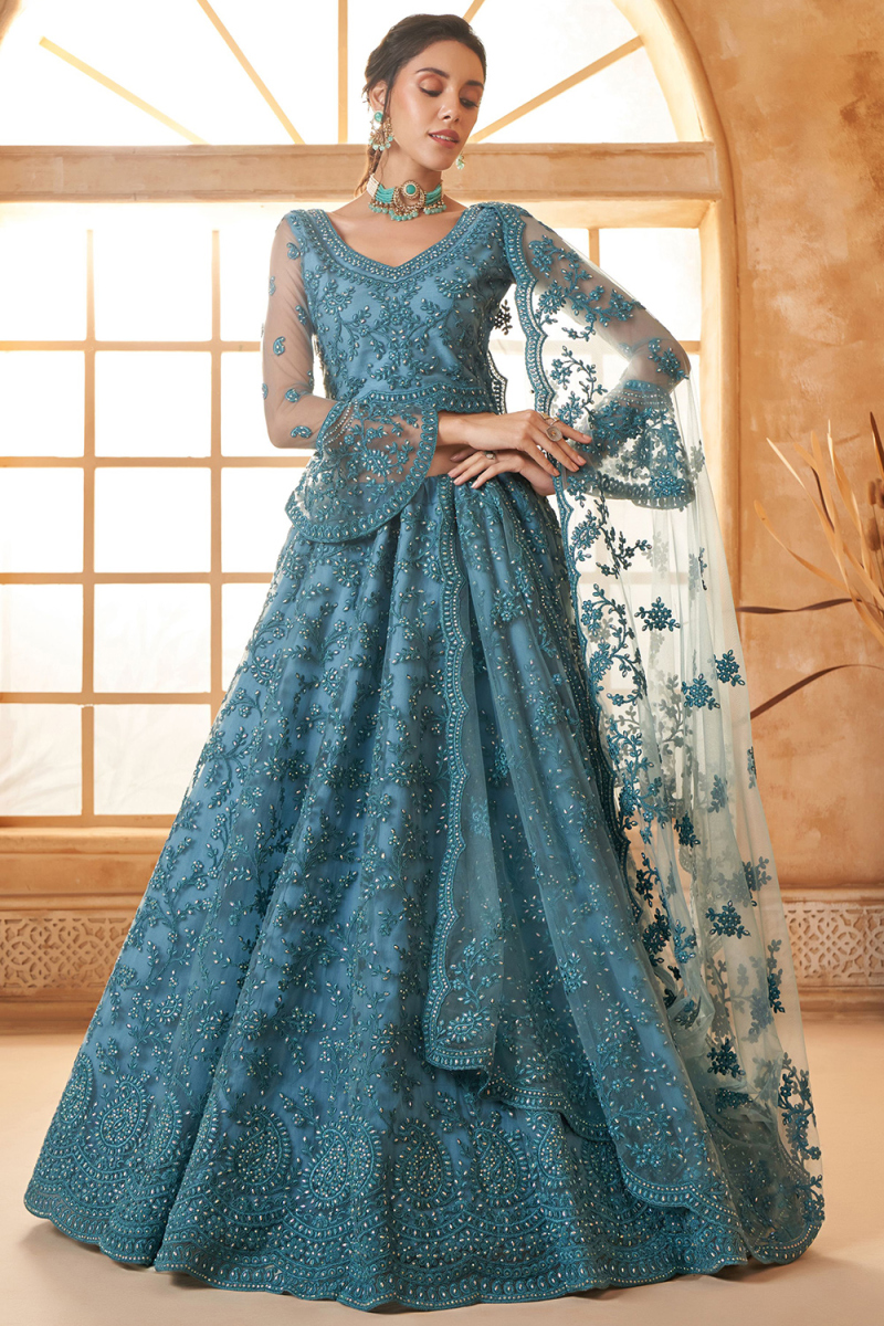 Sea Blue Net Stone Embellished Panelled Style Lehenga 
