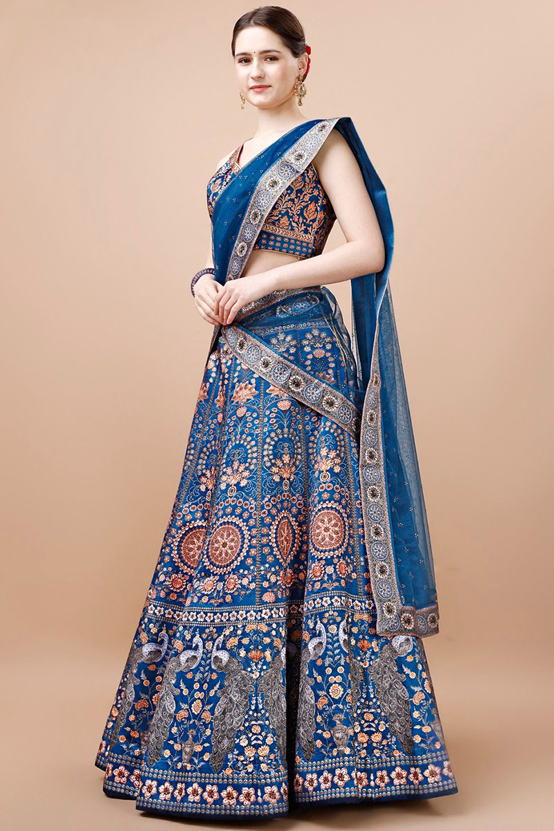 Sea Blue Printed Panelled Style Satin Silk Lehenga