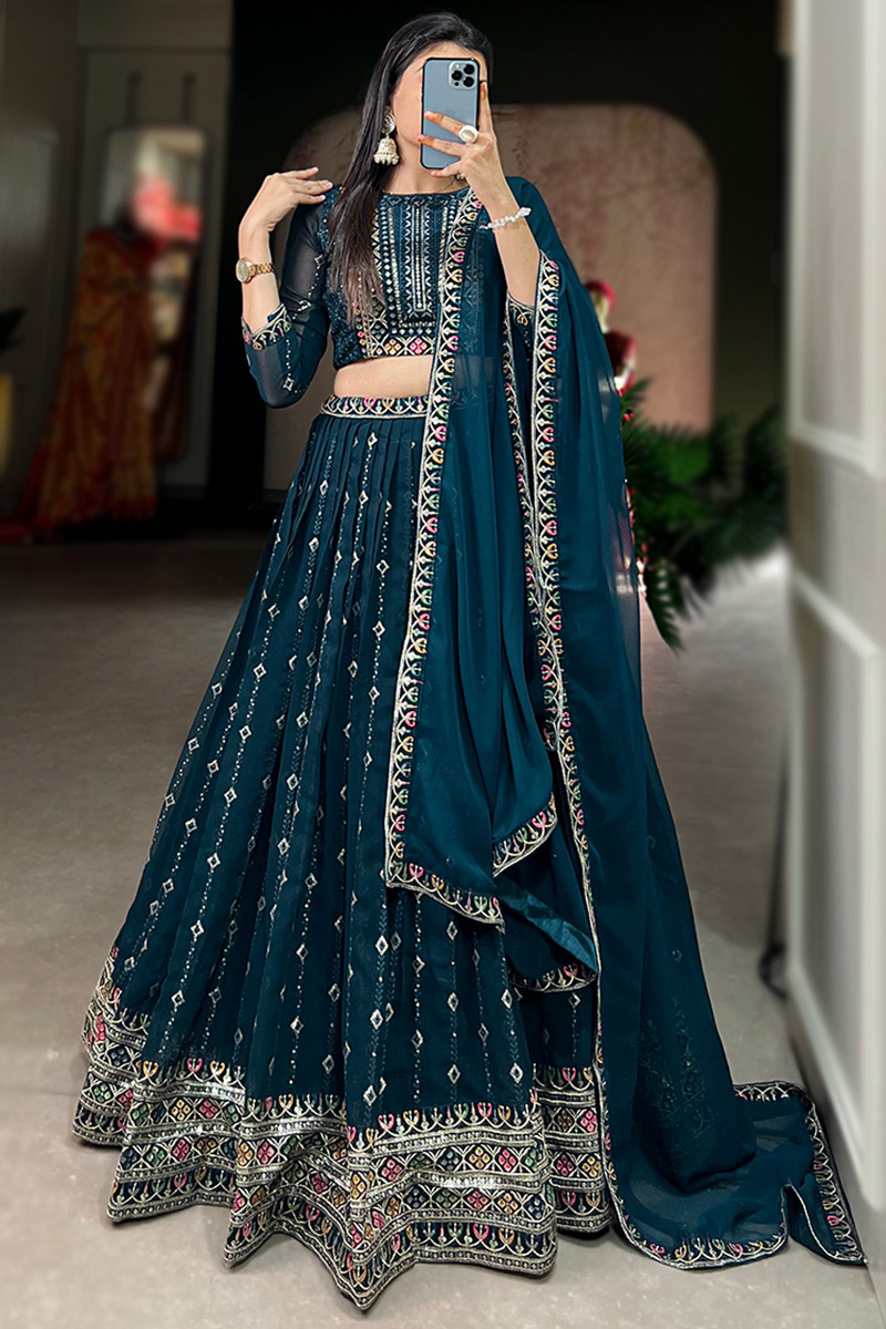 Sea Blue Sequins Embroidered Georgette Flared Style Lehenga 