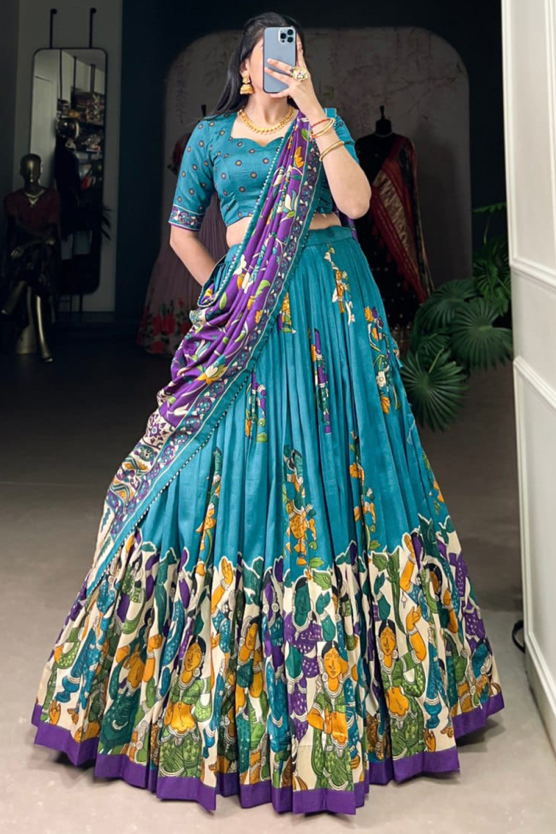 Sea Blue Silk Printed Flared Style Lehenga