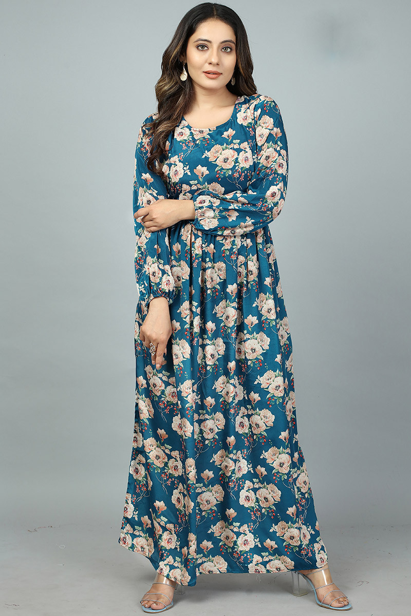 Printed silk gown hot sale