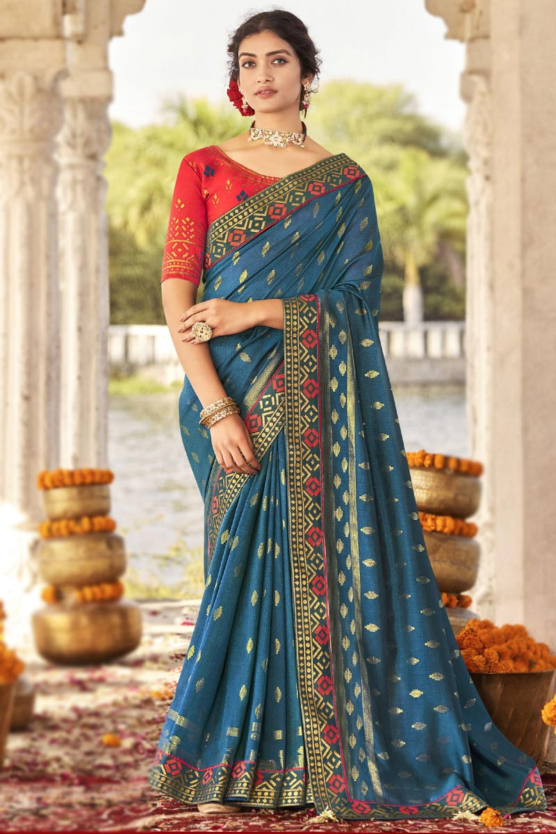 Sea Blue Woven Party Wear Saree in Silk