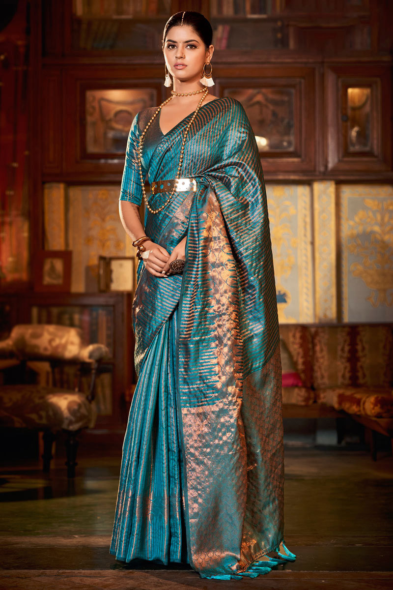Blue Woven Wedding Saree With Embroidered Blouse