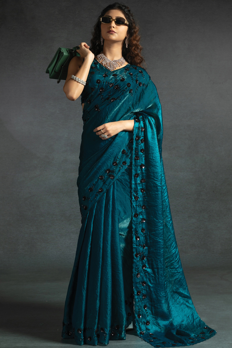 Sea Blue Tissue Silk Saree With Sequins Work For Party 