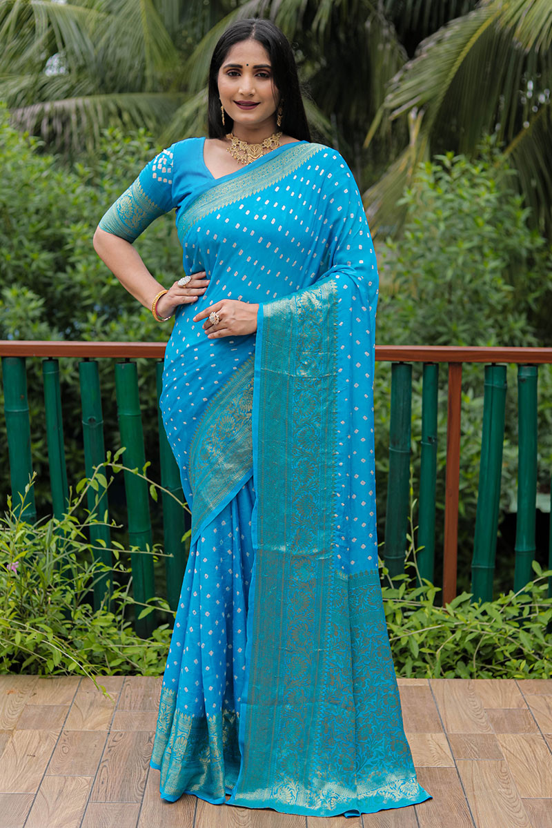 Sky Blue color soft bandhani saree with hand high quality bandhej prin –  Ennayou.com