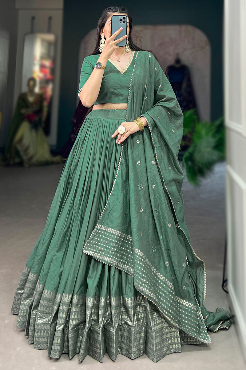 Sea Green Chanderi Weaved Zari Flared Style Lehenga For Mehndi 