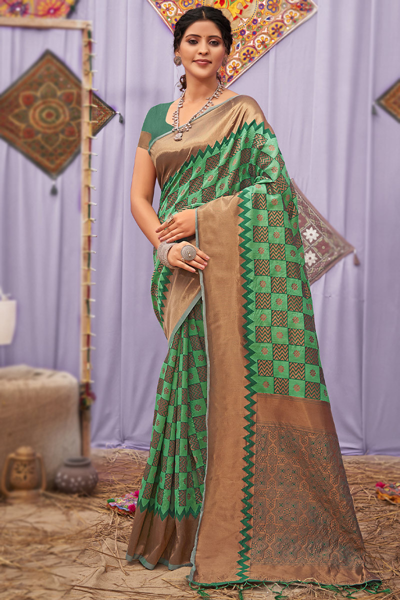 SIRIL Women's Printed Zari Patta Poly Cotton Saree with Unstitched Blouse  Piece (3115S2180_Green, White) : Amazon.in: Fashion