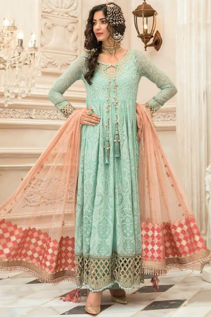 Buy Sea Green Georgette Anarkali Suit With Chikankari Work Online