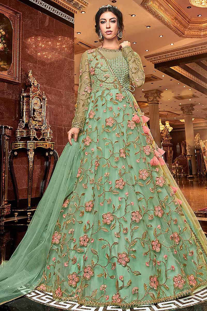 Buy Sea Green Net Anarkali Gown With Resham Work Online - LSTV03988 |  Andaaz Fashion