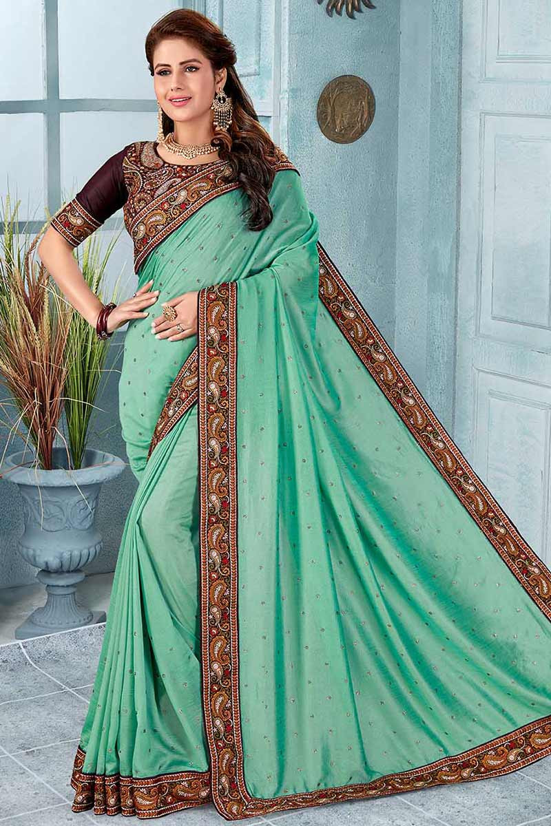 Buy Incredible Sage Green Solid Saree with Embellished Belt Online -  Inddus.in.