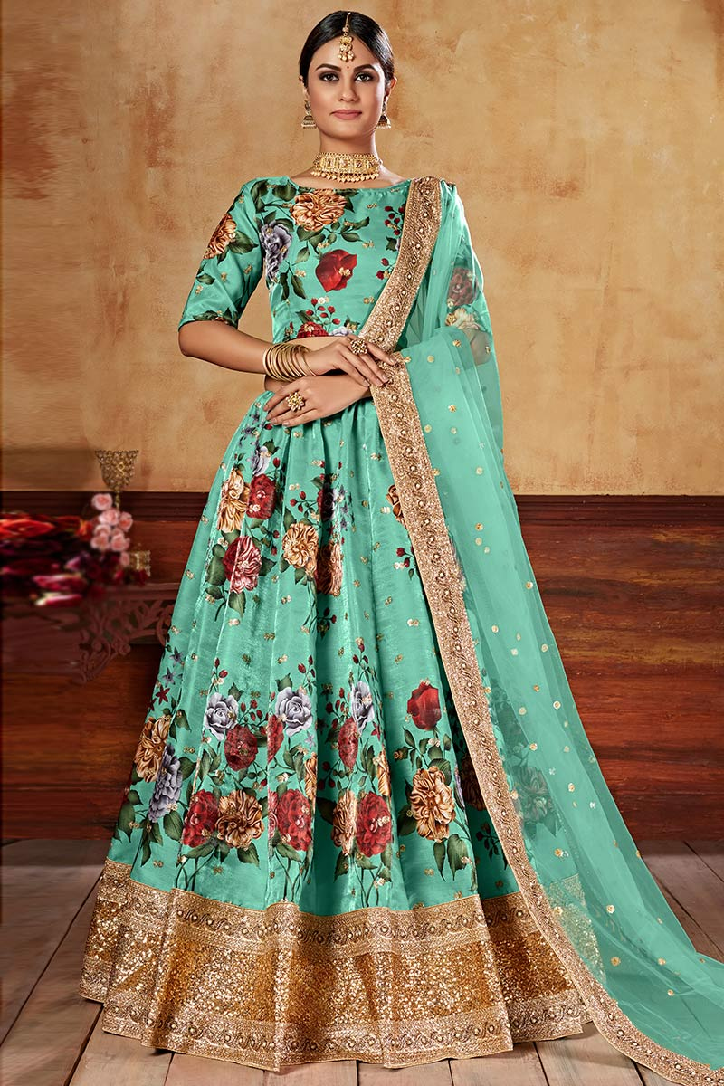 Seafoam Green Art Silk Digital Print Wedding Lehenga
