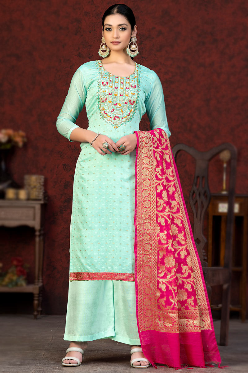 Seafoam Green Embroidered Banarasi Silk Palazzo Suit LSTV124377