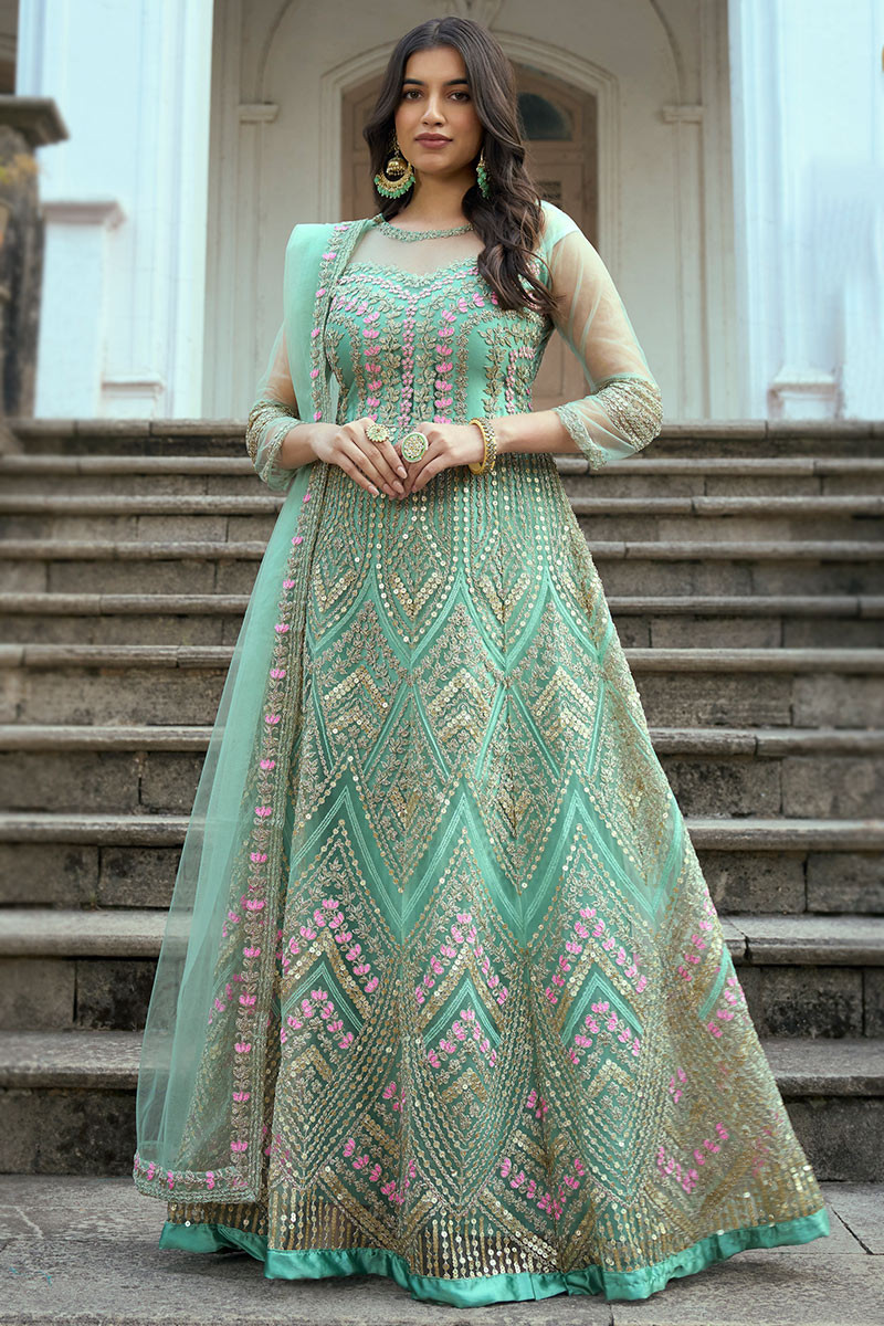 Seafoam Green Net Anarkali Style Anarkali Suit